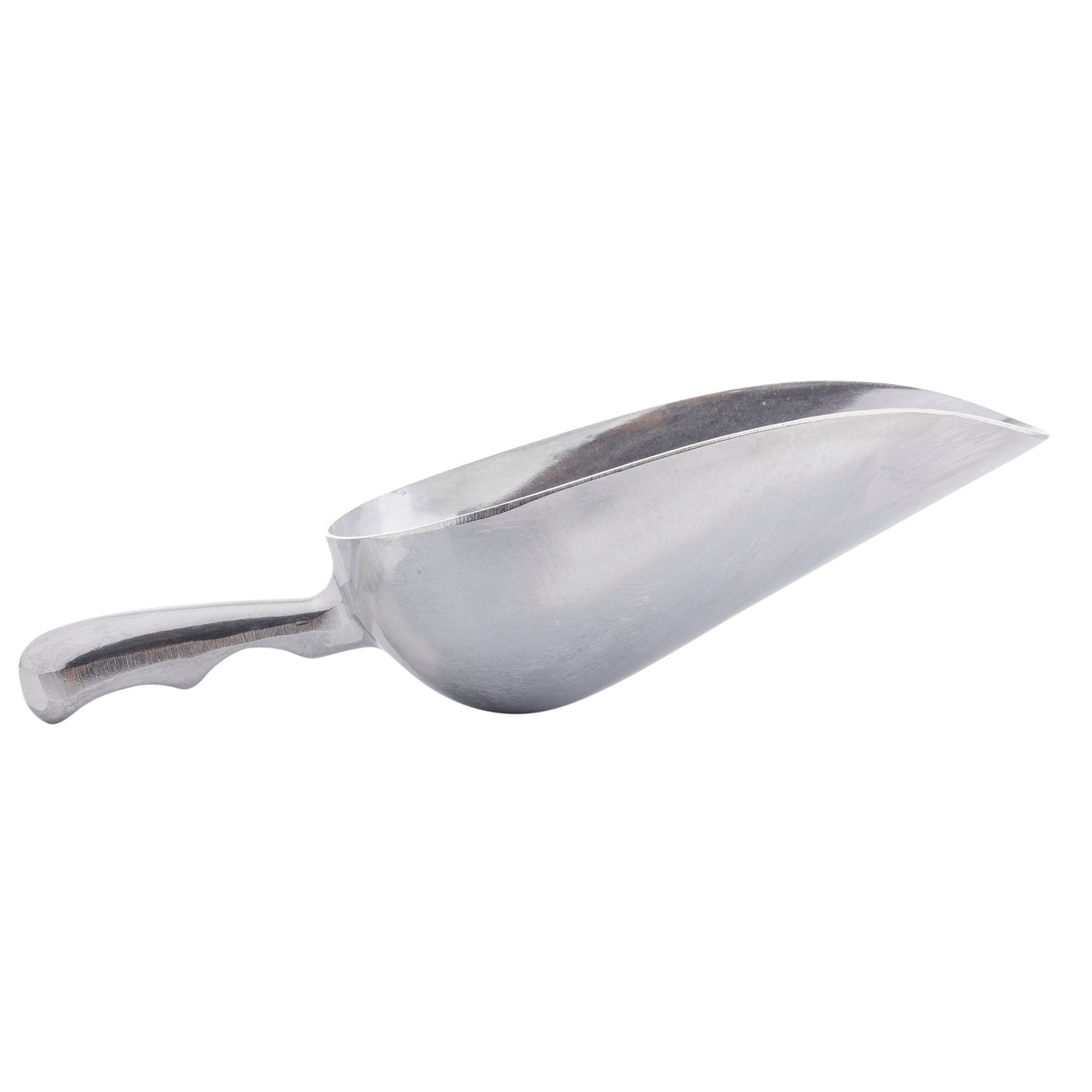 A large, shiny aluminum ice scoop with a deep, rounded 24 oz. bowl and an ergonomic handle. Perfect for scooping bulk materials like grains or ice, this scoop is shown against a white background.