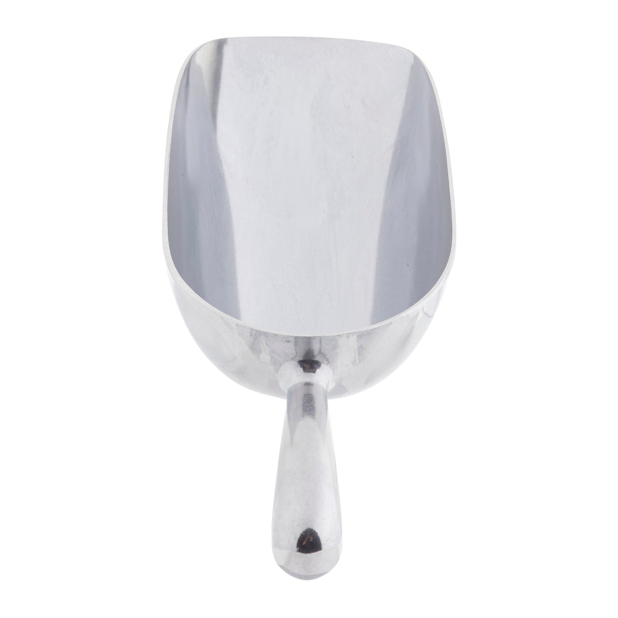 A shiny aluminum Ice Scoop with a deep, rounded rectangular bowl and a short, thick handle is shown facing forward on a white background. This sturdy 24 oz. utensil is ideal for scooping ingredients like flour, sugar, or ice.