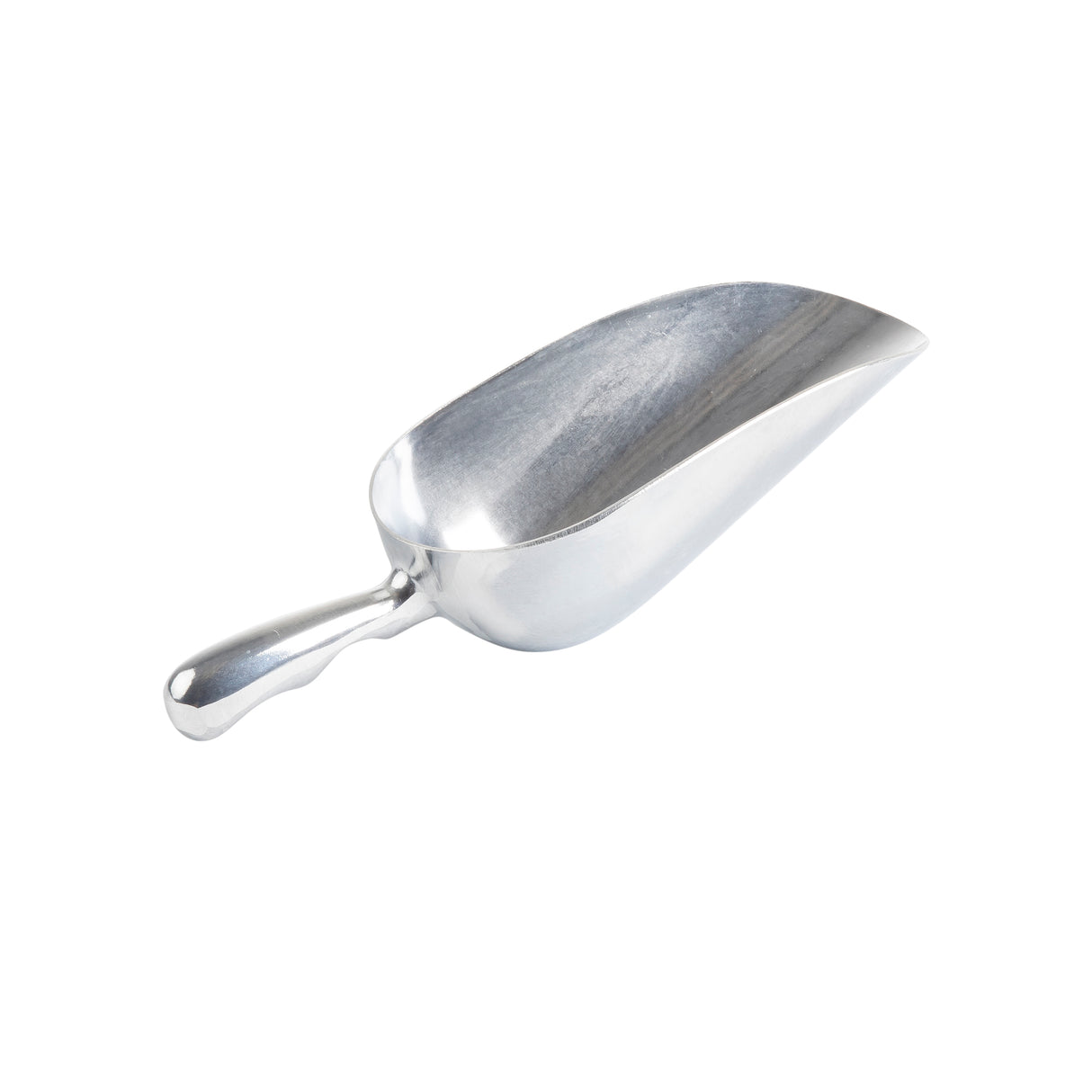 A shiny 24 oz. aluminum Ice Scoop with a short, rounded handle and deep, oval-shaped bowl is positioned at an angle on a plain white background, highlighting its smooth, reflective surface and slightly curved edges.