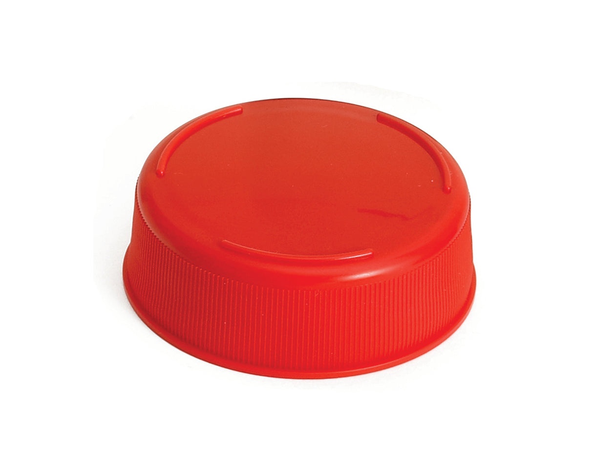 A bright red Invertatop End Cap for 63mm squeeze bottles, with a textured side and smooth, flat top featuring two small raised arches, is photographed against a plain white background.