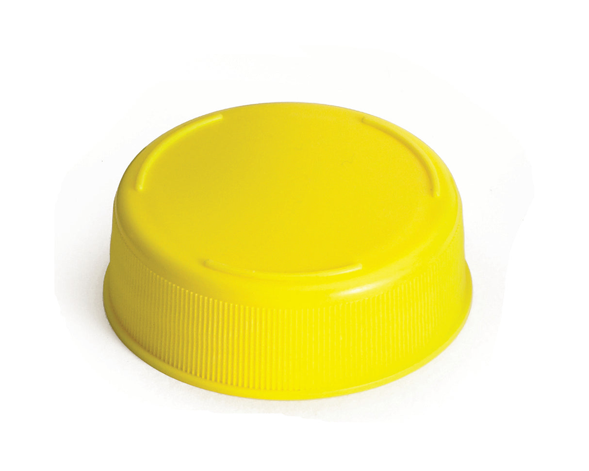 A bright yellow Invertatop End Cap designed for 63mm squeeze bottles, featuring a smooth, slightly domed top with ribbed sides and two shallow circular indentations, set against a plain white background. NSF compliant for safety and quality.