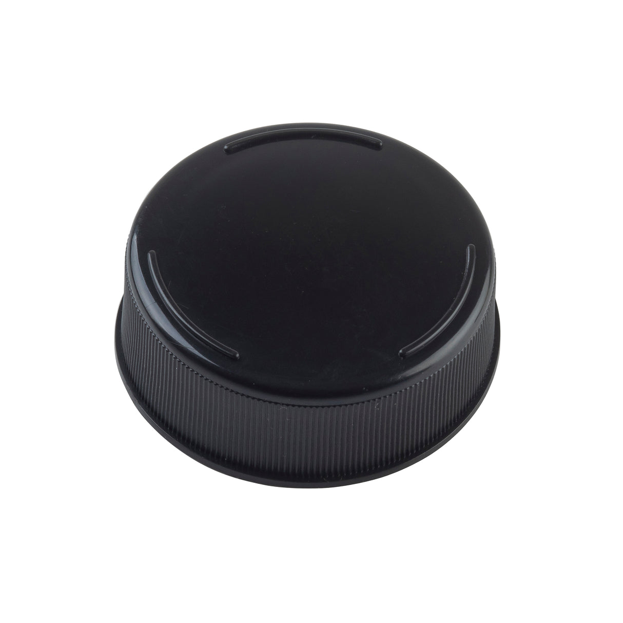 A black, round Invertatop Squeeze Bottle End Cap for a 63mm squeeze bottle features a textured, ribbed edge for grip and three curved grooves on the smooth top surface, shown against a plain white background. NSF certified.