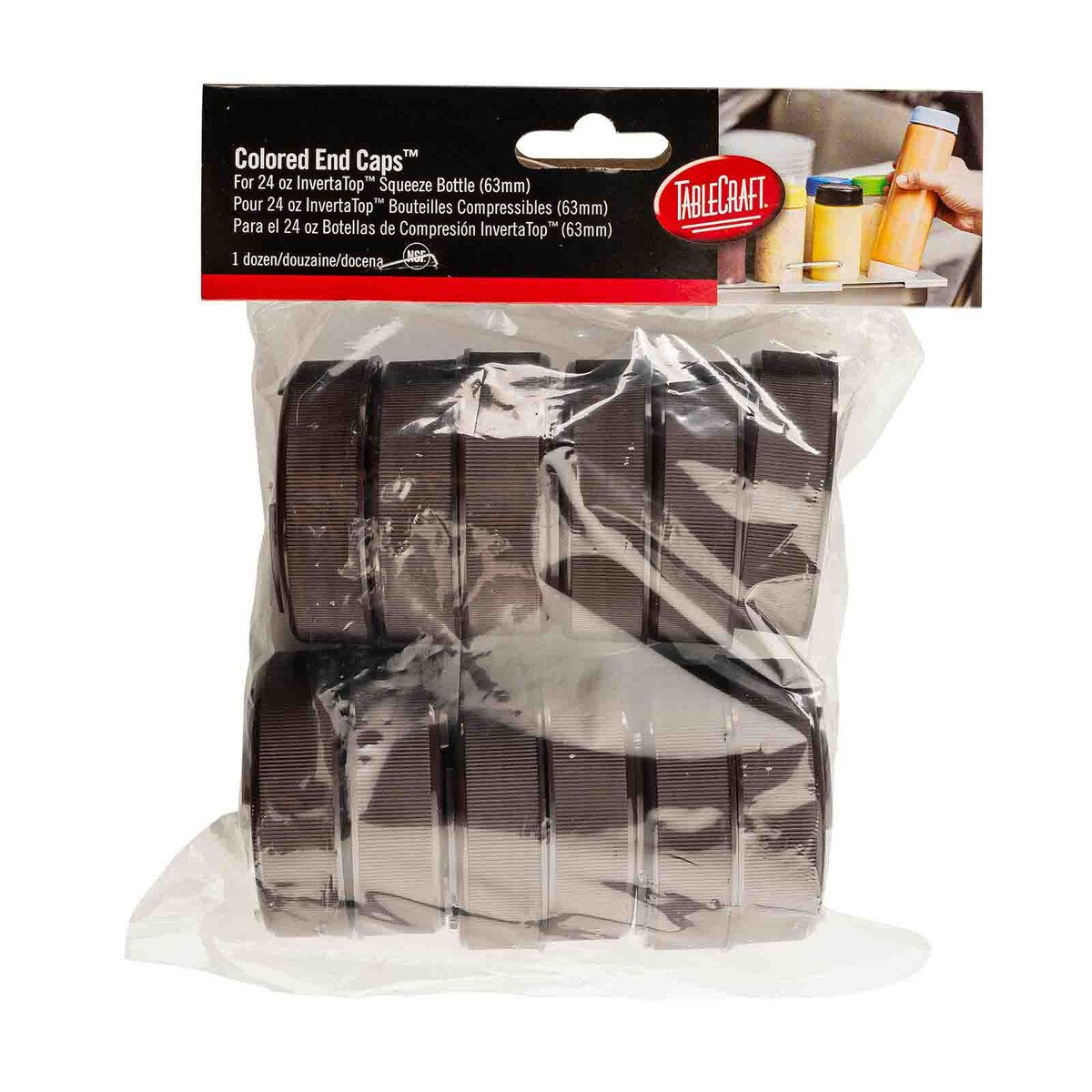 A plastic bag containing twelve black squeeze bottle end caps for 63mm squeeze bottles. The caps are arranged in two rows of six. The red and black packaging label displays NSF certification, product details, and the TableCraft logo at the top.
