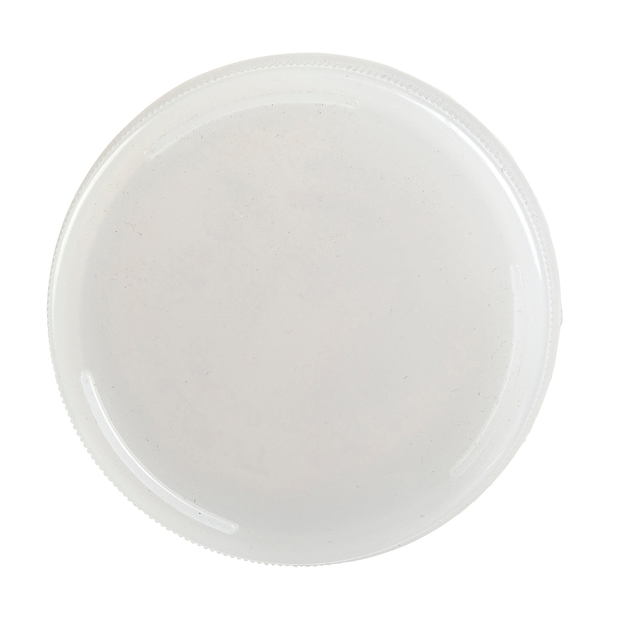 A close-up, top-down view of a round, white 63mm squeeze bottle cap with a smooth surface and subtle ridges for grip. The plain, dishwasher safe end cap has no visible logo or text, set against a completely white background.