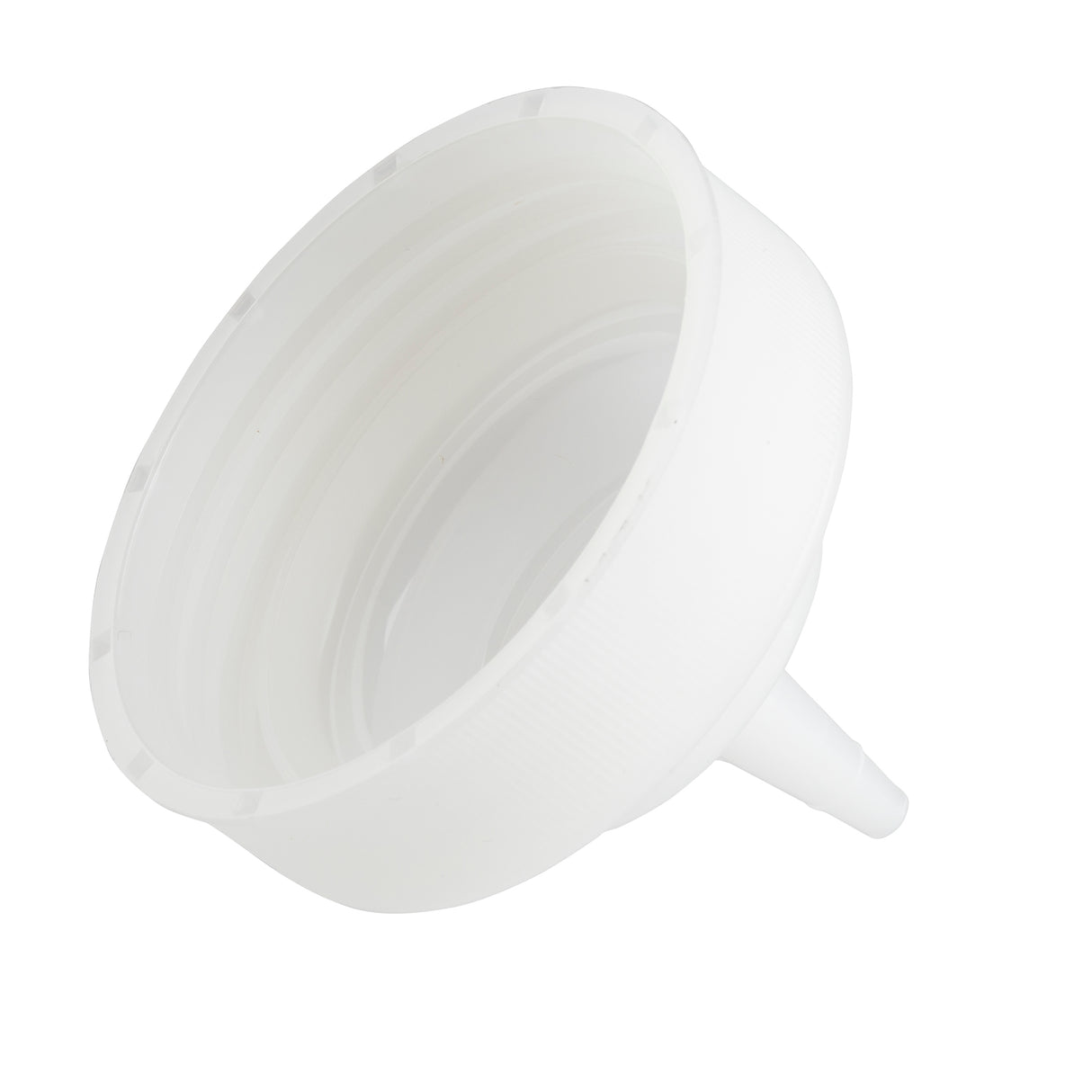 A white plastic funnel with a wide, ridged mouth and a narrow Cone Tip Top spout. The funnel is shown on a plain white background, slightly tilted to one side, highlighting its smooth surface and simple design.