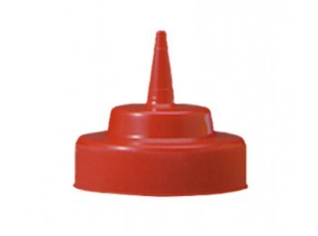 A red plastic Cone Tip Top bottle cap with a pointed nozzle at the center, designed for dispensing sauces or condiments. The cap fits WideMouth squeeze bottles and features a raised middle section leading to a narrow, conical spout.