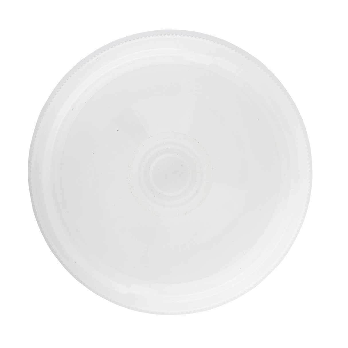 A close-up, top-down view of a translucent plastic lid for Invertatop 63mm squeeze bottles, featuring subtle circular ridges, a small raised circle in the center, and edges with a fine textured grip pattern. This lid is dishwasher safe.