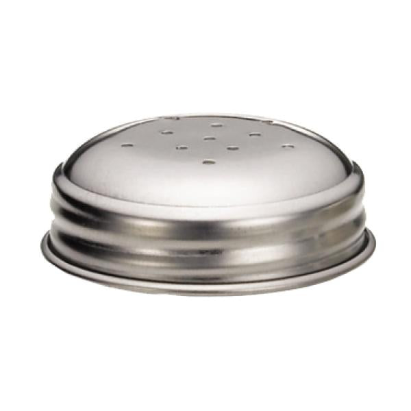 A close-up of a TableCraft stainless steel Dispenser Top, circular and silver in color, with several small holes for dispensing contents. The smooth, rounded surface and ridged edges are designed to screw onto a container for spices or grated cheese.