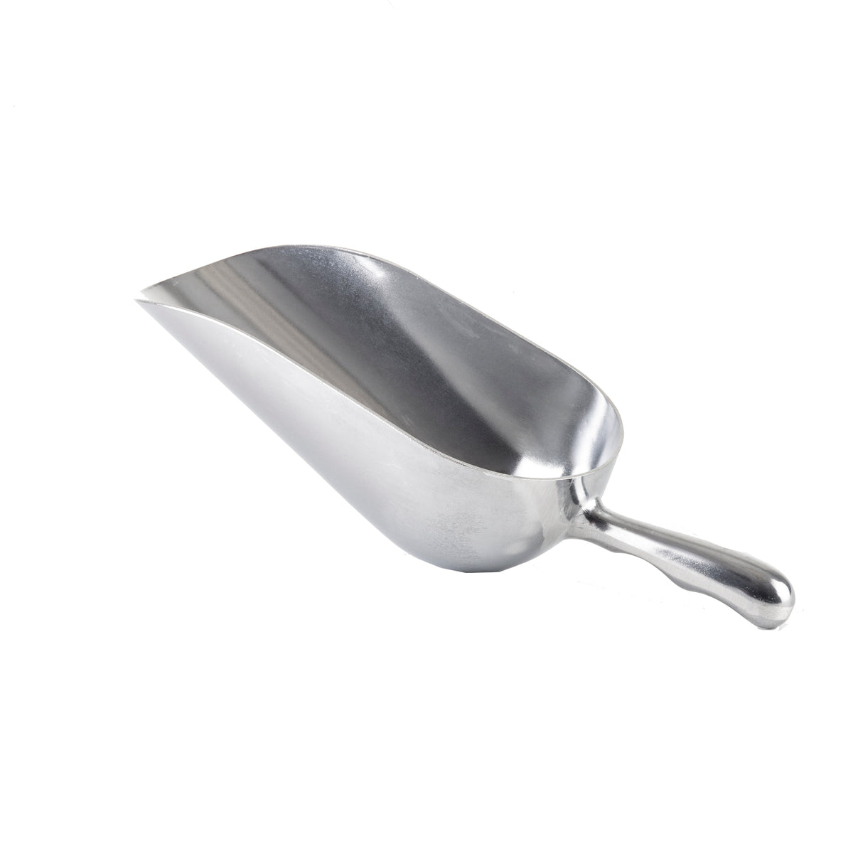 A shiny aluminum Ice Scoop with a deep, oval-shaped bowl and a short handle is pictured against a white background. The 58 oz scoop is angled so the open end faces left, displaying its smooth, reflective surface.