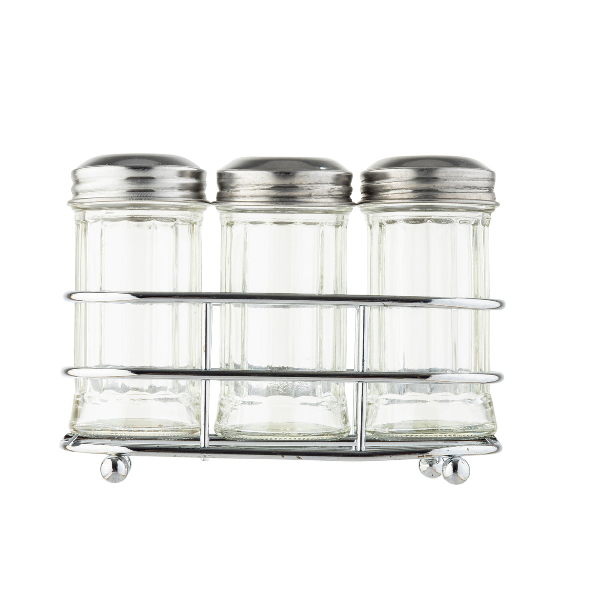 Three empty glass shakers with stainless steel tops are arranged side by side in a silver metal rack. The jars have a classic, clear design, and the simple wire rack rests on small round feet. The background is white and uncluttered.