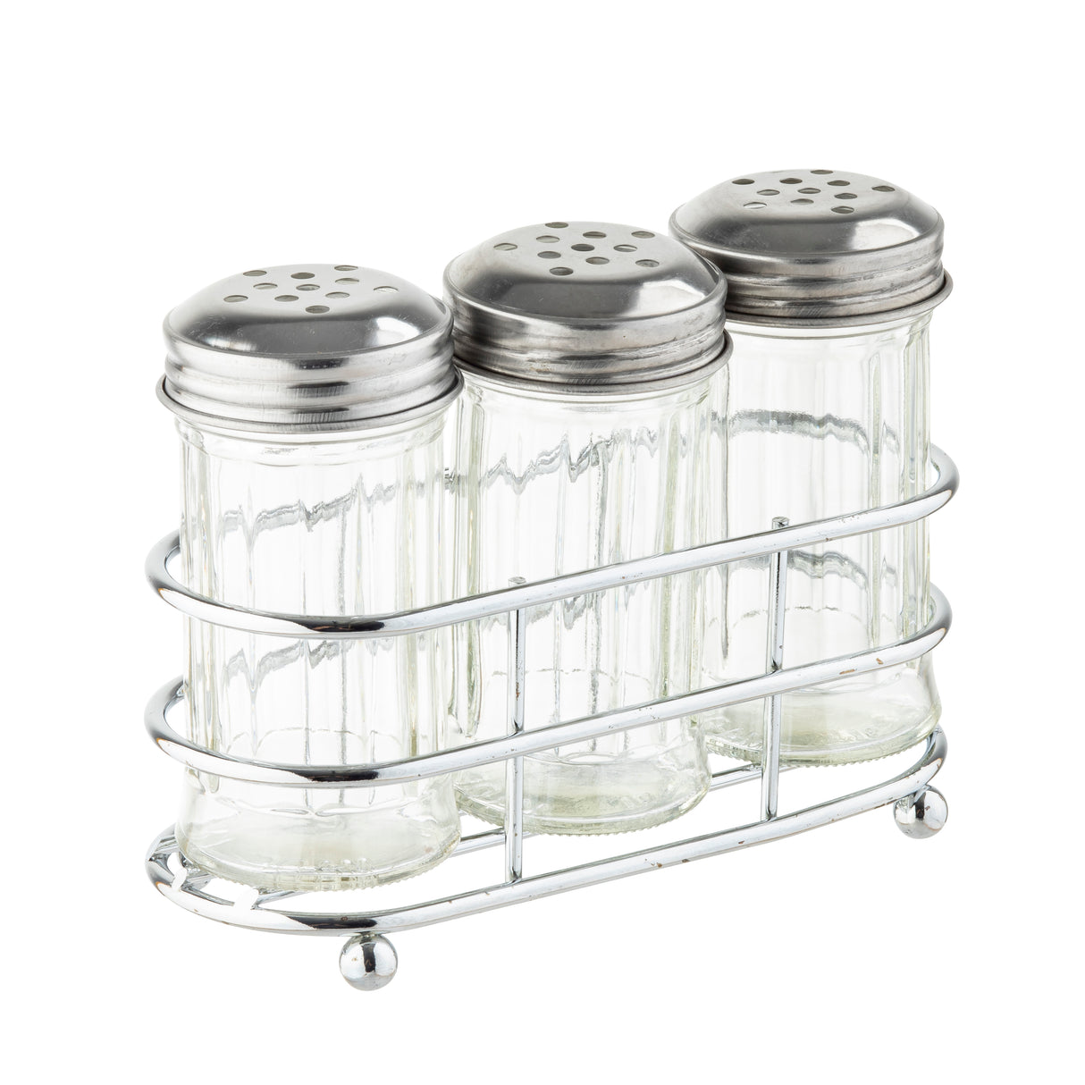 Three empty glass shakers with stainless steel tops sit side by side in a silver metal holder. The shakers have ridged sides and perforated tops for dispensing spices, making this condiment dispenser set both functional and stylish against a white background.