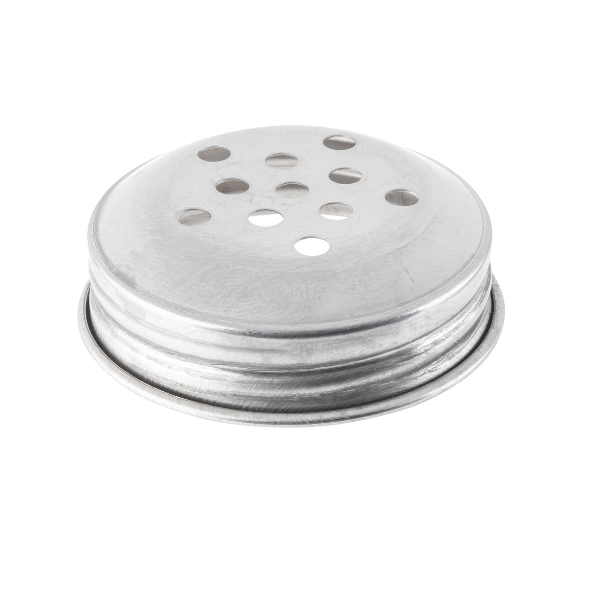 A round, stainless steel shaker lid with a perforated top features multiple holes of varying sizes, perfect for sprinkling salt, pepper, or spices. Its slightly raised rim and smooth, reflective surface add style and it’s dishwasher safe for easy cleaning.