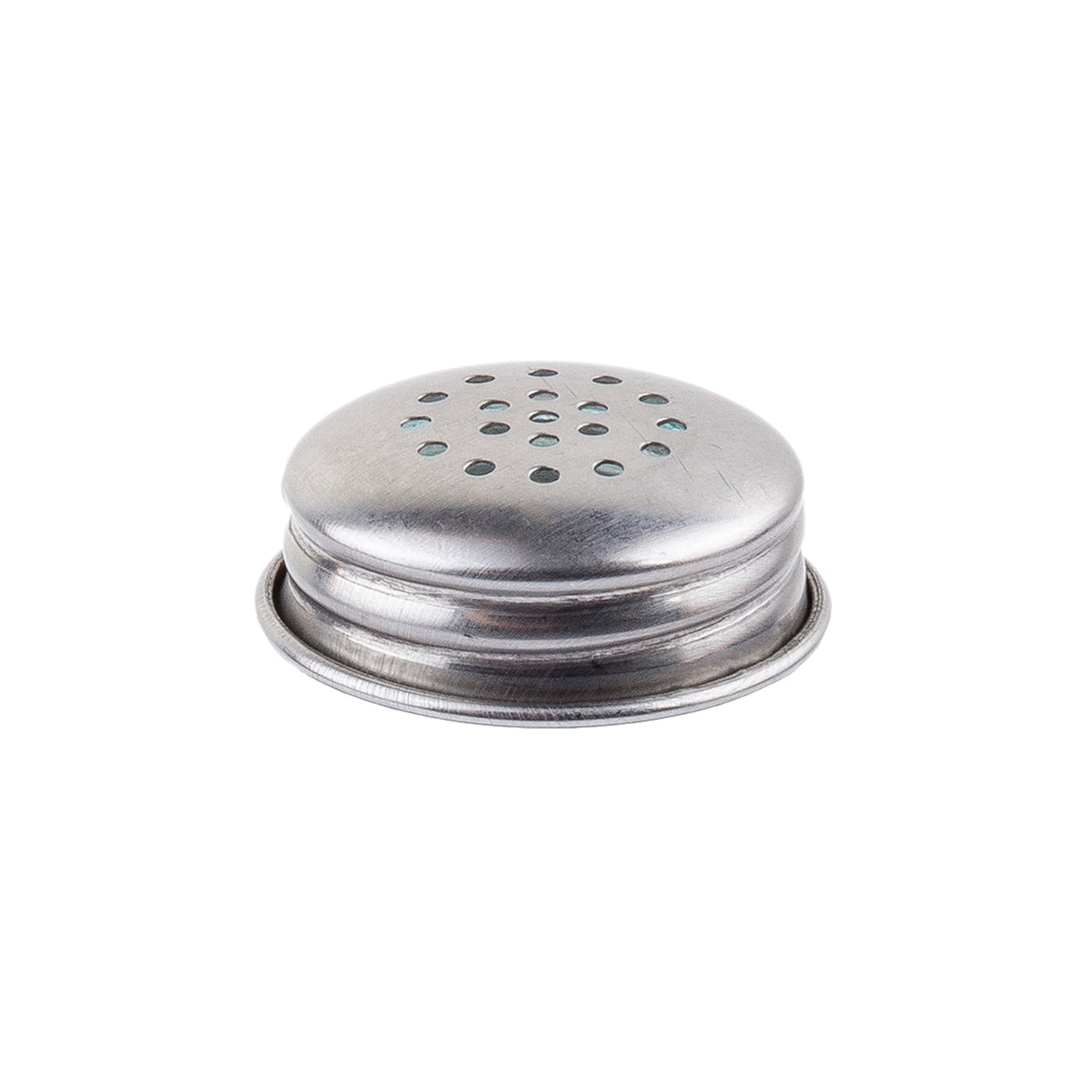 A round, polished stainless steel shaker lid with small holes in a circular pattern, featuring a slightly domed shape and ridged edge. This TableCraft 6618J replacement top is designed to screw onto containers for sprinkling salt, pepper, or spices.