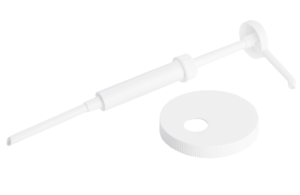 A white plastic economy pump dispenser with an extended nozzle and a separate round screw cap featuring a central hole, both set on a plain white background. The pump includes a 1 oz. dip tube for precise liquid dispensing from bottles.