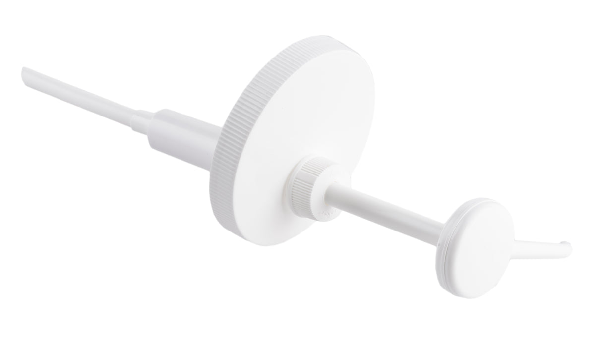 A close-up image of a white plastic economy pump dispenser with a long spout, 1 oz. dip tube, and ribbed screw-on cap, typically used for bottles containing liquids like soap or lotion. The dishwasher safe dispenser is isolated on a plain white background.