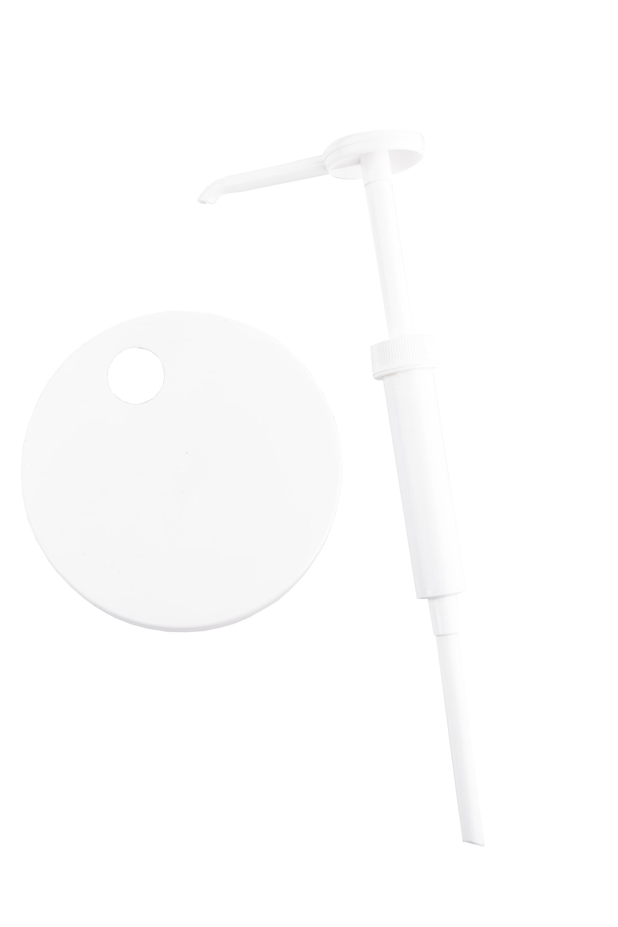 A white plastic Economy Pump dispenser with a 1 oz. dip tube and a matching circular lid with a hole, both on a white background. The pump has a spout and ribbed collar, while the flat lid lies beside it, likely for use together.