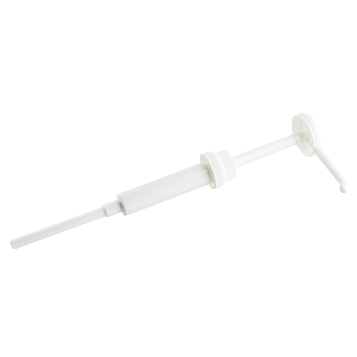A white plastic Economy Pump with a long dip tube and 38mm snap top, designed for bottles or containers. The pump has a cylindrical body, threaded collar for attachment, and curved nozzle for dispensing liquid by TableCraft Products.