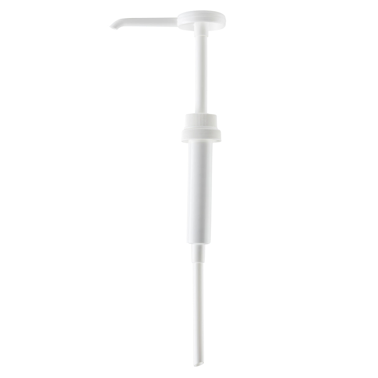 A white plastic Economy Pump dispenser with a long dip tube, designed for bottles or containers. The 38mm snap top fits securely, featuring a round top, narrow spout for liquid dispensing, and threading halfway down for easy attachment.