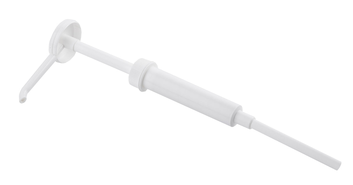 A white plastic Economy Pump dispenser with a 1 oz. dip tube, featuring a long tube and round base, designed for bottles or containers. The pump has a horizontal spout, ribbed collar, and a plain white background.