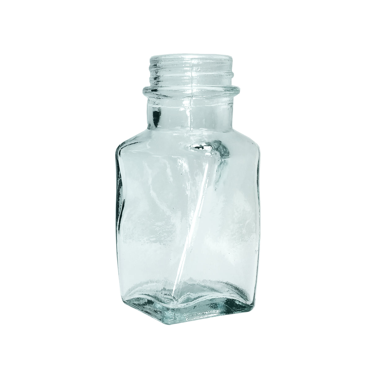 A clear, empty glass bottle with a square base and rounded shoulders, made from recycled green tint glass. The bottle has a short neck with threading for a screw cap, ideal as a replacement jar or for use as a salt and pepper shaker. Photographed on white.