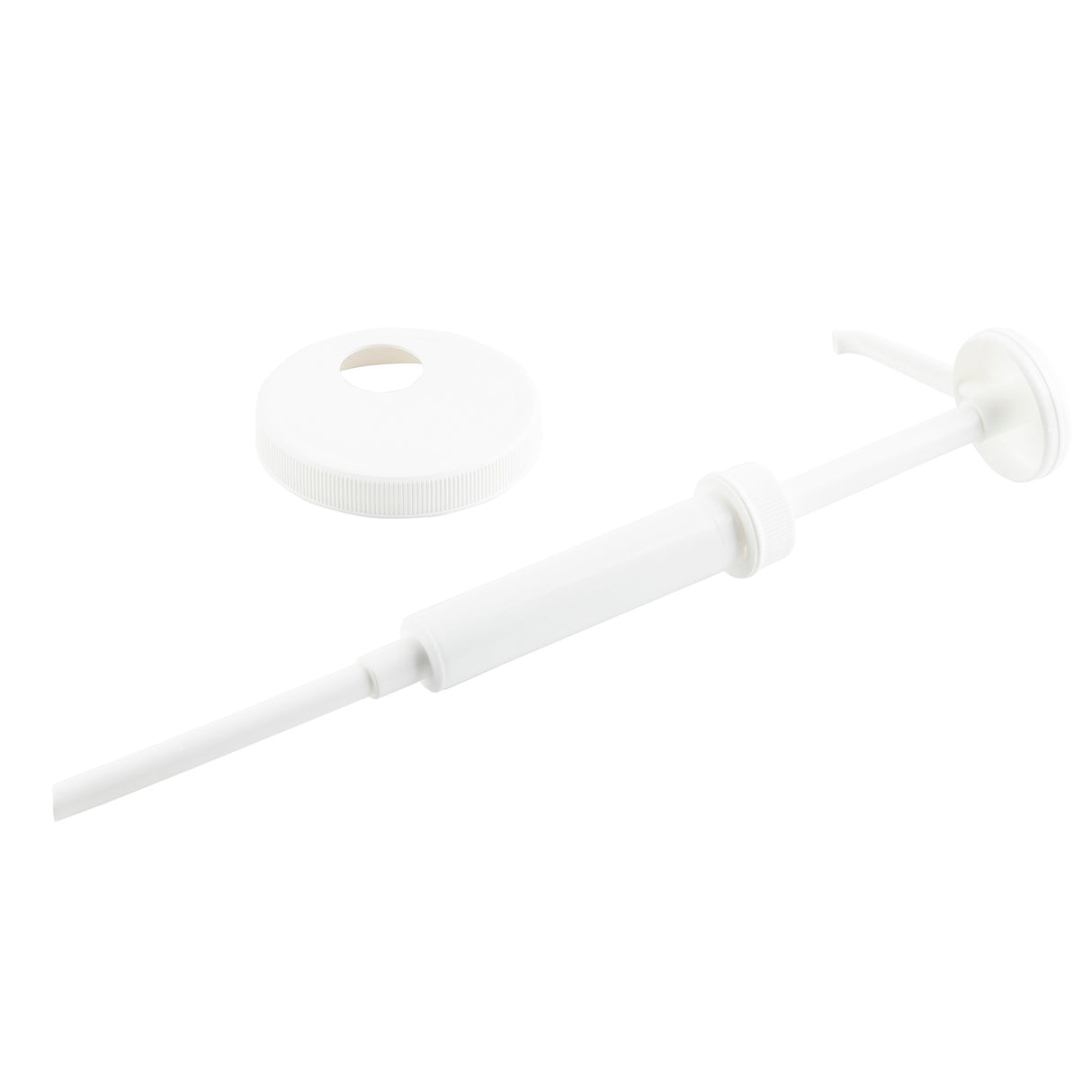 A white plastic Economy Pump dispenser with a 1 oz. dip tube and a separate round screw-on cap with a central hole, displayed on a plain white background. The pump is designed for dispensing liquids from bottles or containers.
