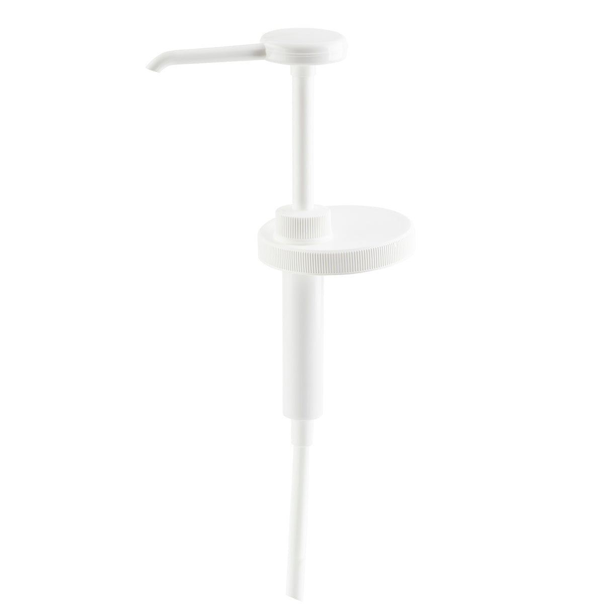 A white plastic Economy Pump dispenser with a ribbed collar and 1 oz. dip tube, designed for dispensing soap or lotion from a bottle. The long nozzle ensures easy use. The background is plain white.