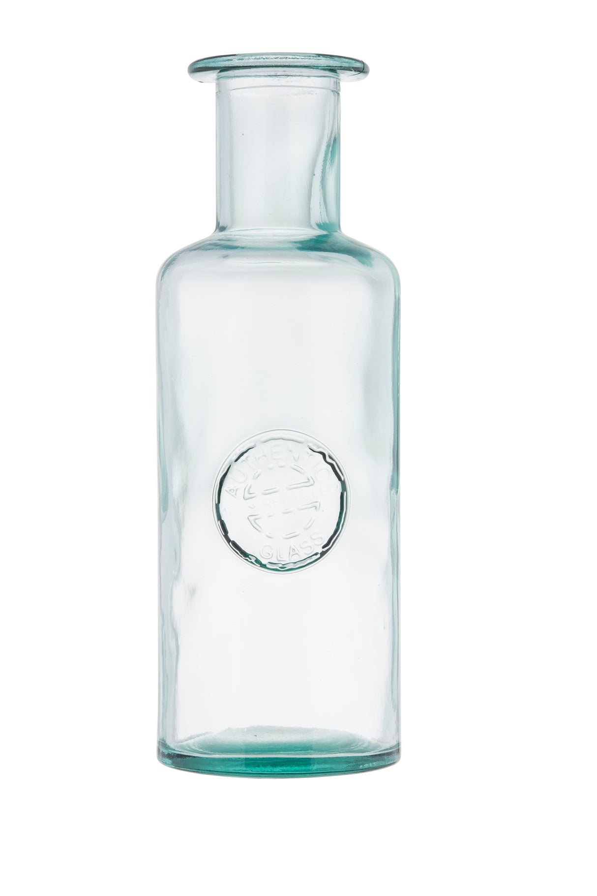 A clear, cylindrical apothecary bottle crafted from recycled glass features a narrow neck and flat, round top. A raised circular emblem with embossed text decorates the 41 oz bottle, photographed against a white background.