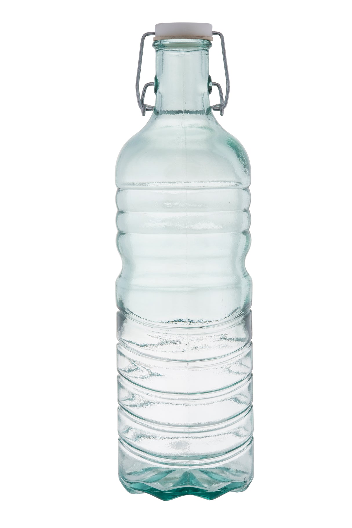 A clear, ribbed recycled glass water bottle with a white ceramic flip-top lid and metal clasp, shown isolated on a white background. The empty TableCraft bottle features spiral grooves around its body for easy grip.
