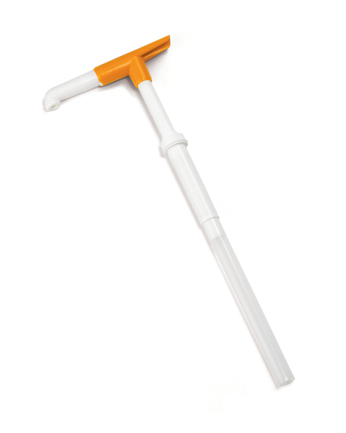 The Maxi Pump is a white and orange plastic hand pump with a long cylindrical tube, designed for dispensing liquids from wide mouth bottles or containers. The curved spout at the top allows easy pouring. The background is plain white.