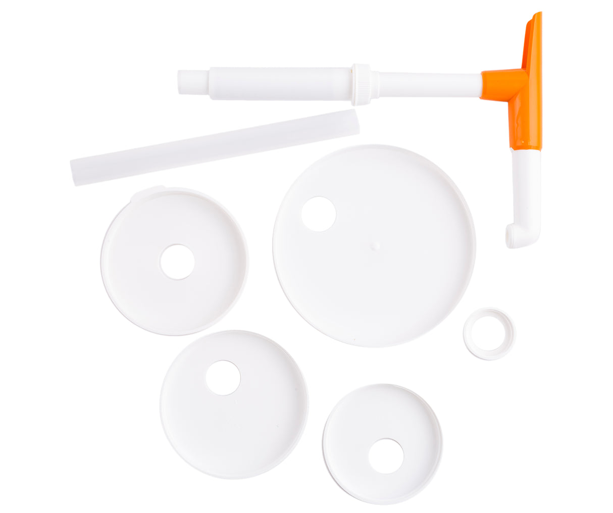 Five white circular plastic pieces with holes, a white and orange L-shaped handle, and a white tube—components of the WideMouth Maxi Pump Kit. Made of durable plastic and dishwasher safe, they are neatly arranged on a white background.