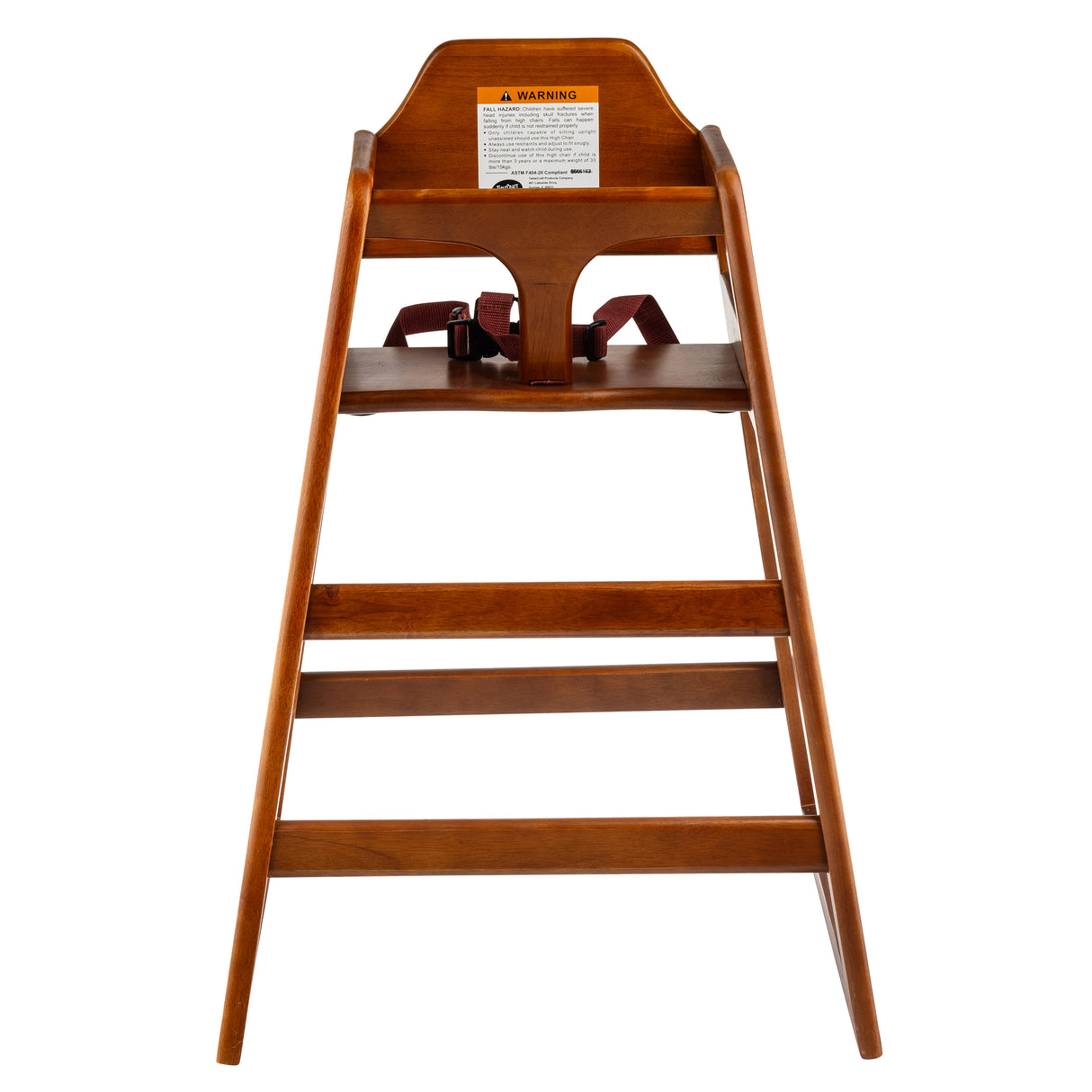 A stackable wooden high chair viewed from the front, with an angled backrest, three horizontal footrests, a dark wood finish, a safety warning label at the top, and a maroon safety strap. The chair has a simple, classic design.