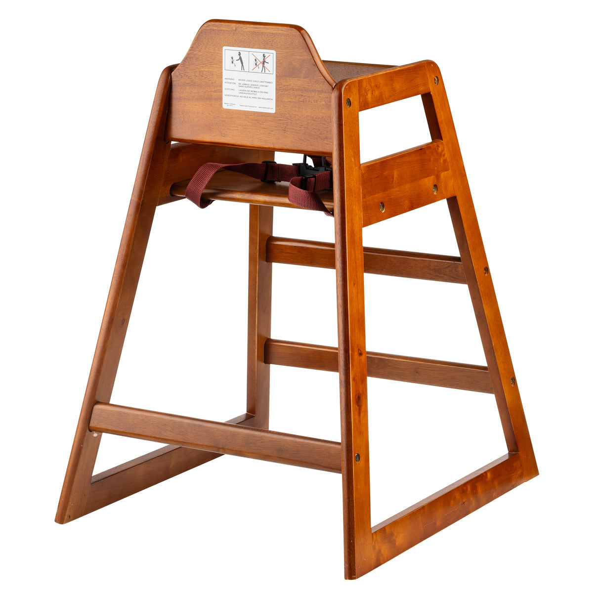 A stackable, wooden restaurant-style high chair with a dark brown finish, featuring a backrest with safety instructions, a red safety strap, and angled legs for stability. The design is open on all sides with horizontal support bars.