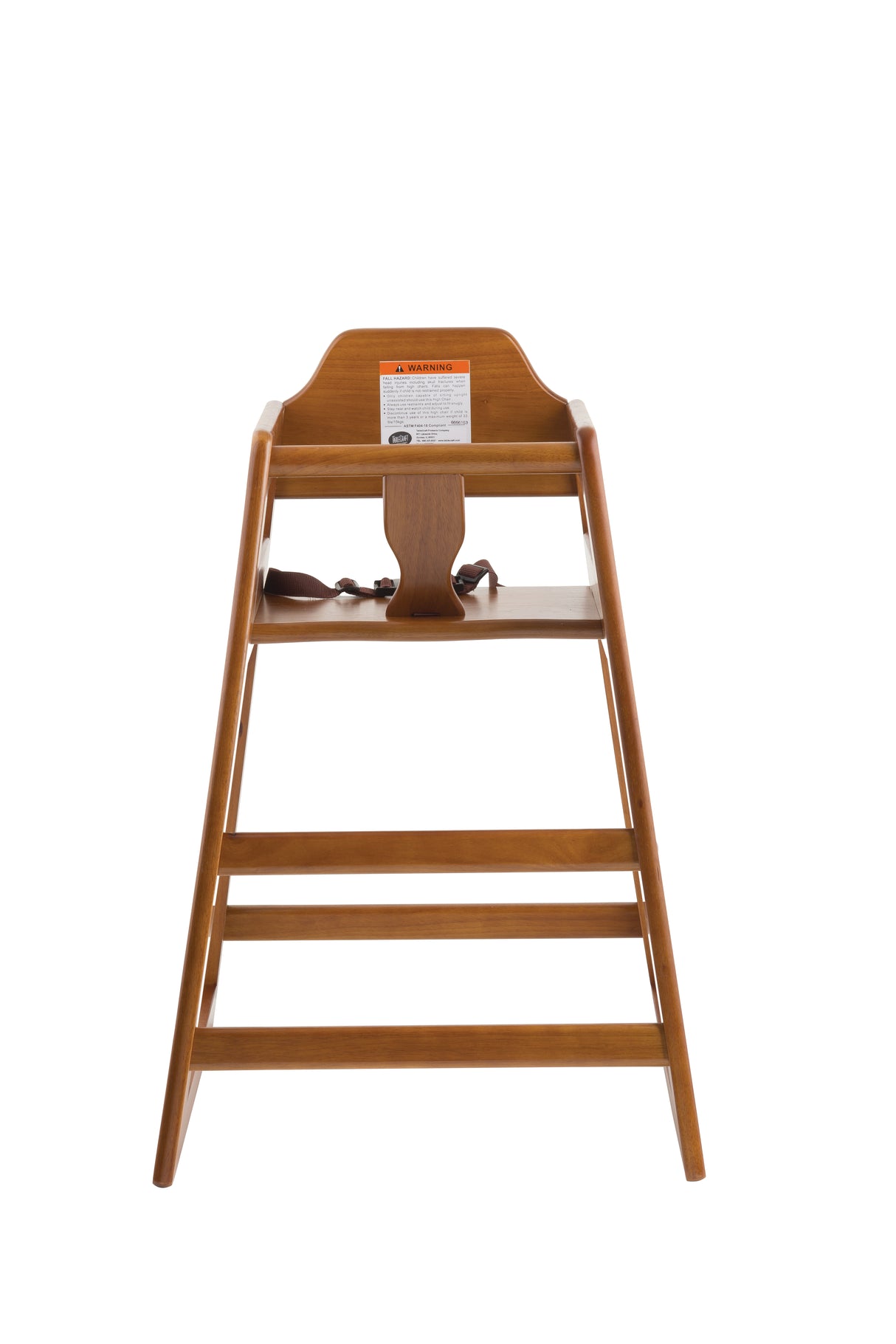 A wooden rubberwood high chair with a natural finish, viewed from the front. It features a simple design, wide stable base, safety strap on the seat, warning label on the backrest, and horizontal support bars connecting the legs.