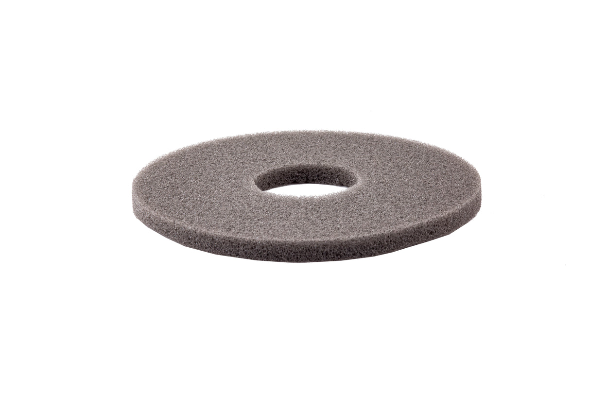 A gray, round, textured scouring pad with a hole in the center is shown against a white background. This replacement sponge appears flat and is likely used for cleaning or floor polishing purposes. It may also be dishwasher safe for easy maintenance.