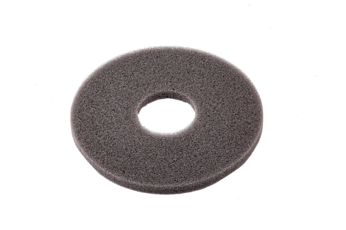 A round, grey, foam donut-shaped object with a rough texture and a hole in the center, this Replacement Sponge appears lightweight and porous—ideal for filtering or cushioning, and conveniently dishwasher safe. Photographed on a white background.
