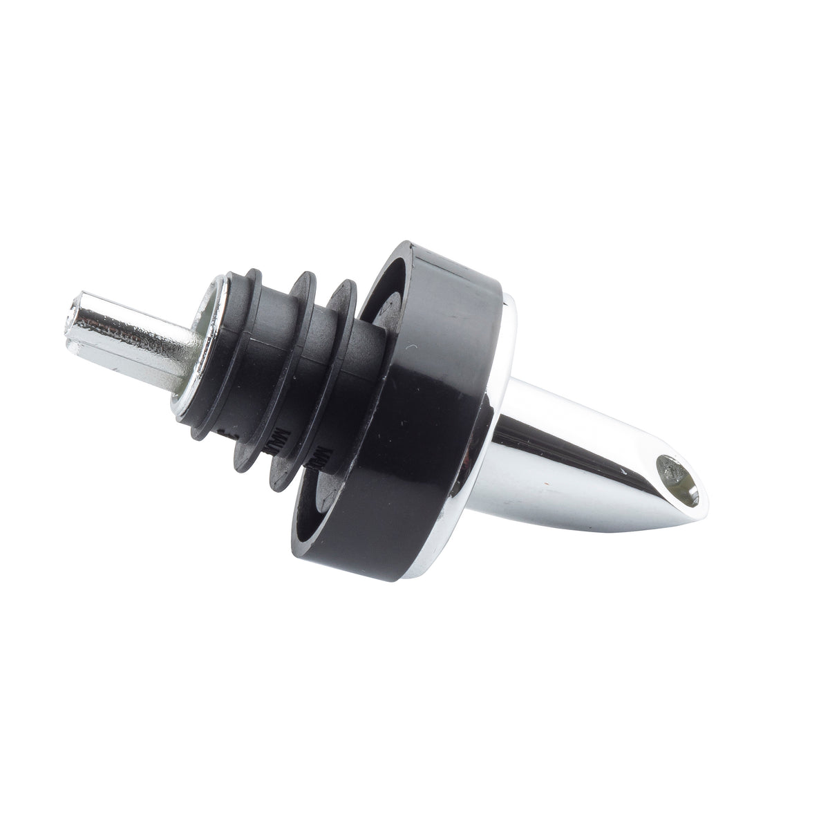 A close-up of a BPA free metal and black plastic Free Flow Pourer with a chrome plated spout and rubber rings for sealing. Designed for dispensing liquids smoothly from bottles, the pourer is set against a plain white background.