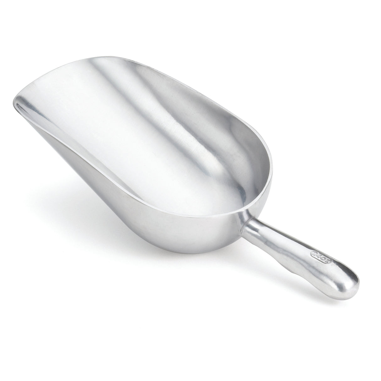 An 85 oz aluminum ice scoop with a shiny, deep, rounded bowl and a short, solid handle. The smooth, reflective surfaces are angled to the left, resting on a white background.