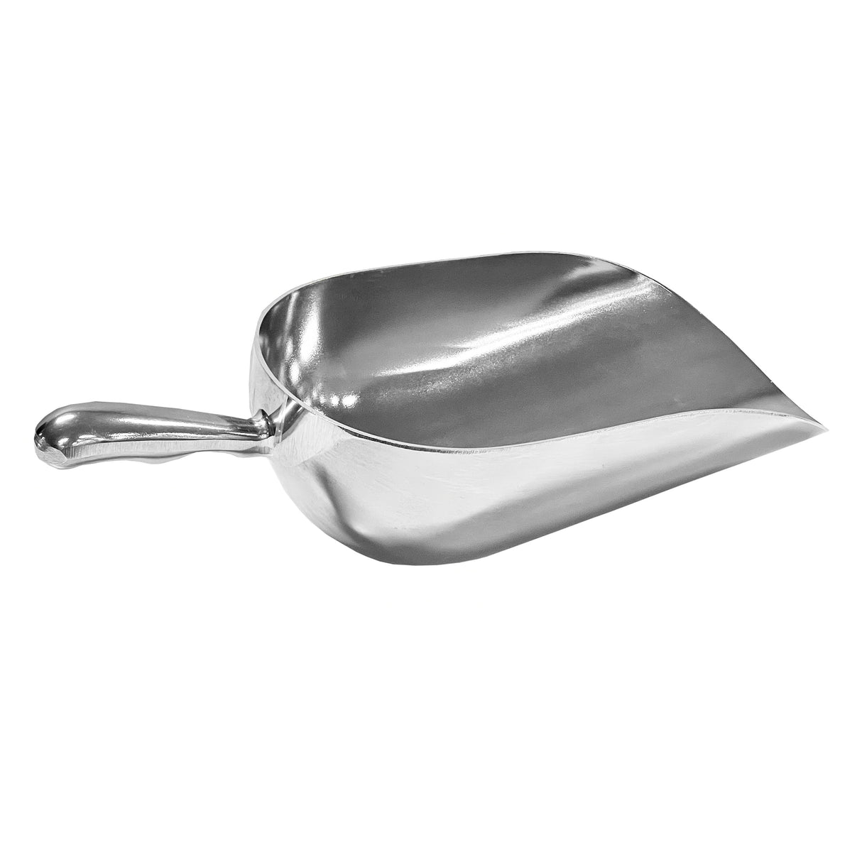 A shiny, metallic aluminum Ice Scoop with a curved handle and a deep, oval-shaped 85 oz bowl. Angled with the handle on the left and the bowl opening to the right, it's perfect for scooping dry goods like flour or grain. The background is plain white.