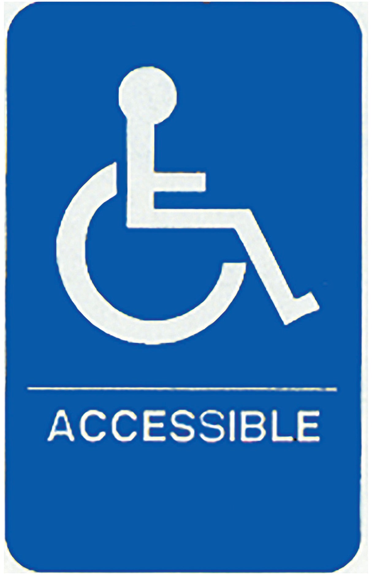 A blue rectangular accessible sign features a white handicapped symbol above the word ACCESSIBLE in bold letters, indicating an ADA compliant sign for areas or facilities that are accessible for people with disabilities.