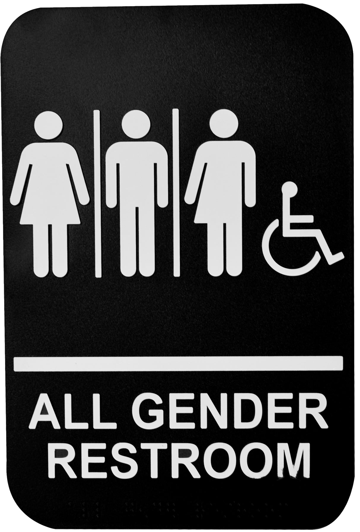 A black Braille sign features white icons: a figure in a dress, one in pants, a wheelchair symbol, and bold text reading “ALL GENDER RESTROOM.” The ADA compliant design ensures accessibility for all.