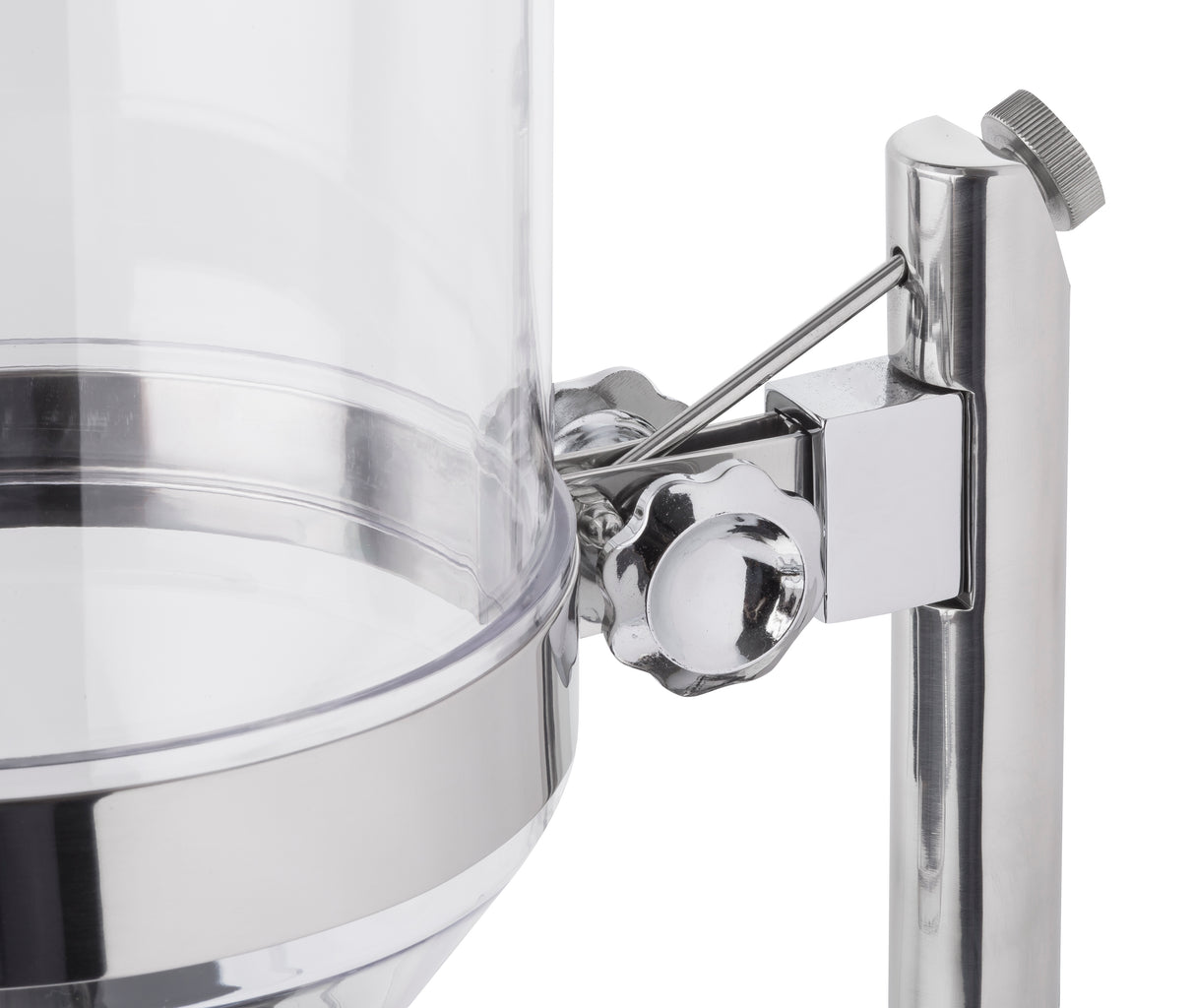 Close-up of a transparent polycarbonate cereal dispenser with a silver metal frame, spigot handle, and knurled knob on top. The container is partially filled, dishwasher safe, and mounted on a shiny metal stand.