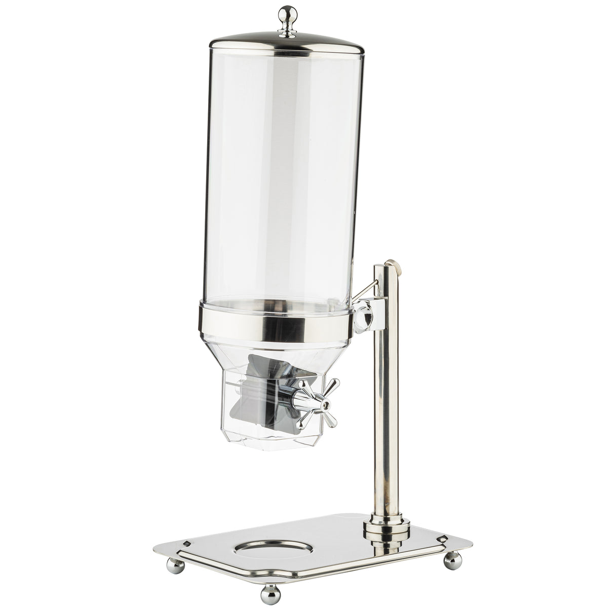 A tall, cylindrical polycarbonate cereal dispenser with a metal lid and base, featuring a lever mechanism for dispensing dry food. It is mounted on a shiny, rectangular metal stand with four rounded feet and a circular cutout to hold bowls or cups.