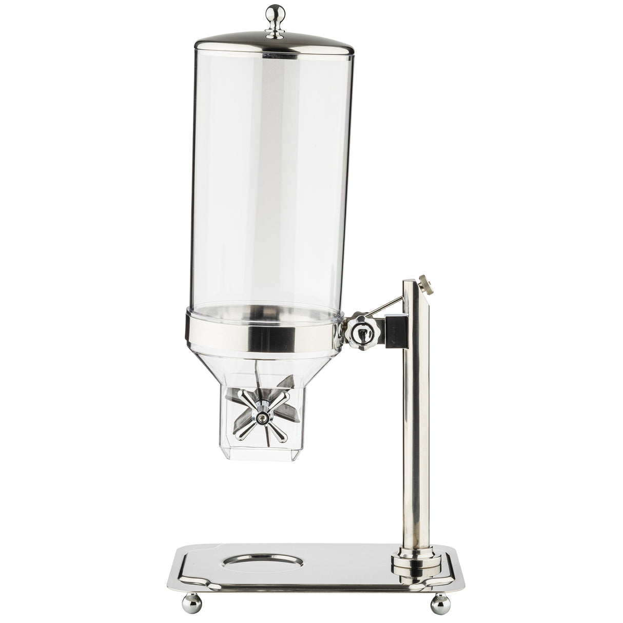 A stainless steel and clear polycarbonate cereal dispenser with a tall cylindrical container, star-shaped rotating dispenser, and a sturdy rectangular metal base with a cutout for a bowl. The dispenser is dishwasher safe and mounted on a vertical stand.