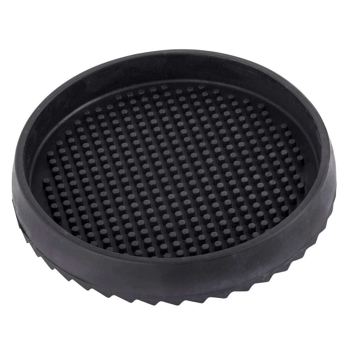 A sturdy round black rubber drip tray with a raised rim and textured surface covered in short, evenly spaced nubs. The ridged outer edge adds grip, making it perfect as a pitcher drip tray for holding or catching spills securely.