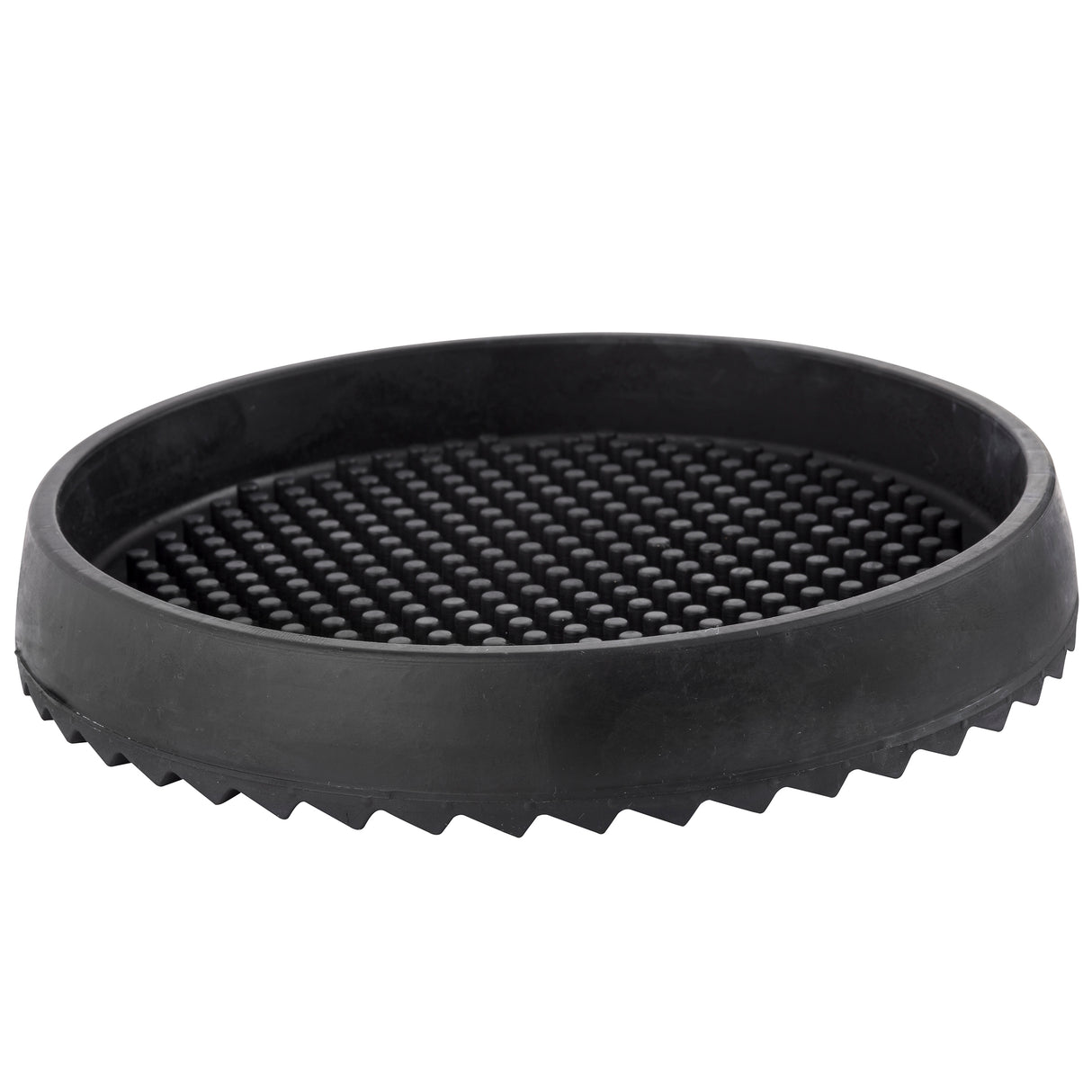 A black, round rubber drip tray with raised bumps on its surface and a textured, serrated edge. The mat appears durable and is likely used for traction or as a non-slip pitcher drip tray base. The background is plain white.