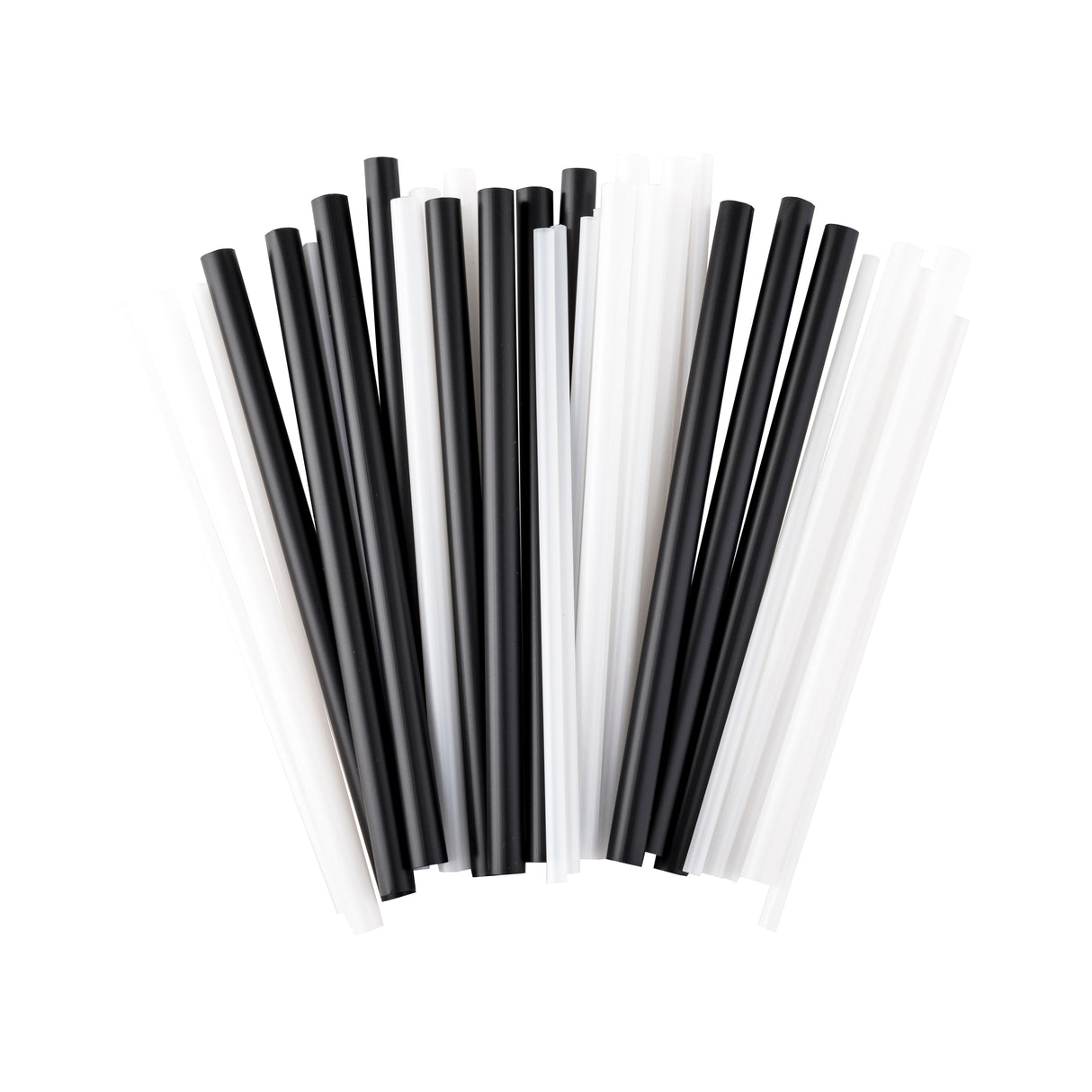 A group of alternating black straws and white plastic drinking straws is arranged vertically and fanned out on a white background. The straw ends are visible and closely packed together, creating a striking striped pattern.