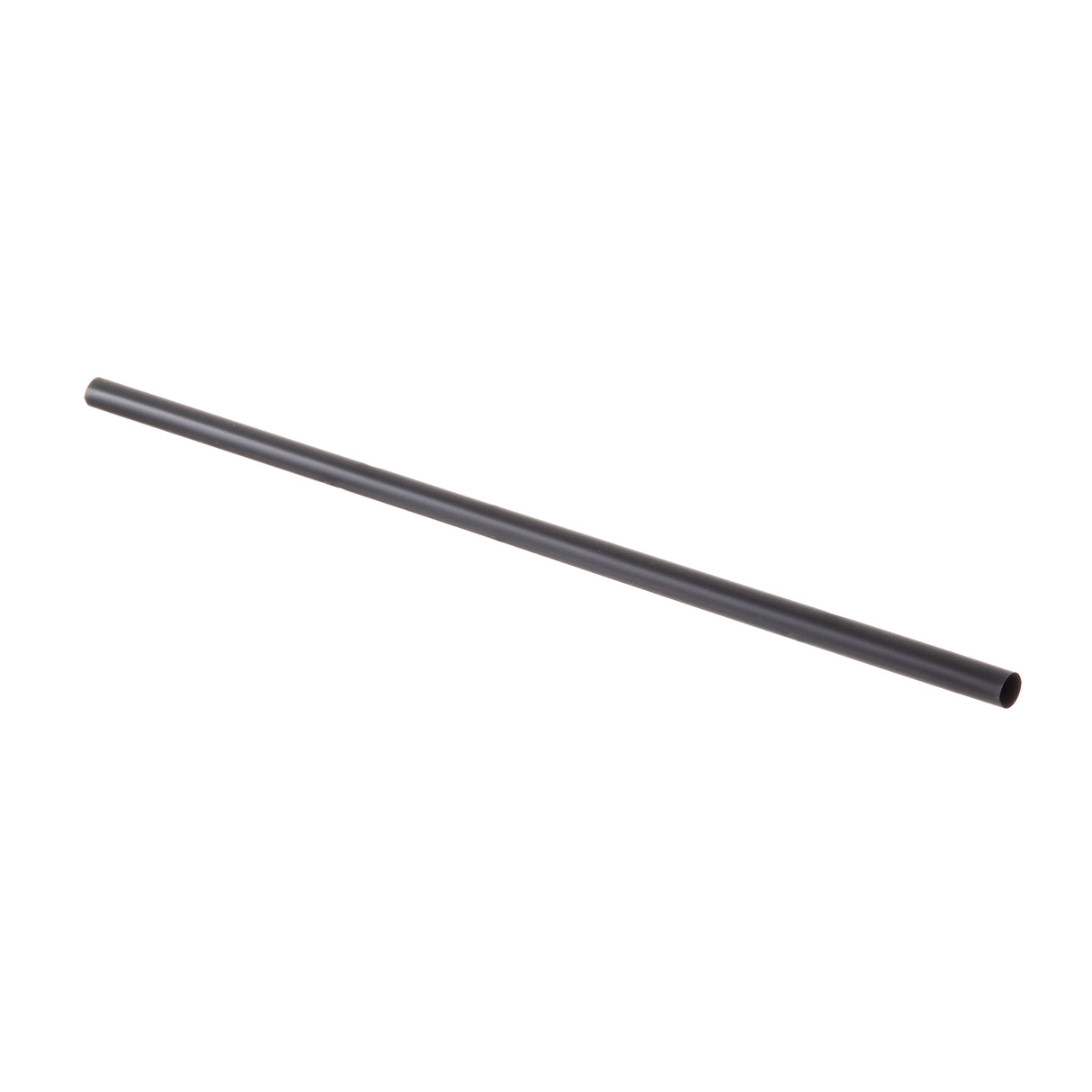 A single, straight, hollow black straw is shown diagonally on a plain white background. The smooth surface and open ends suggest it's one of the sleek PLA straws commonly used for beverages.