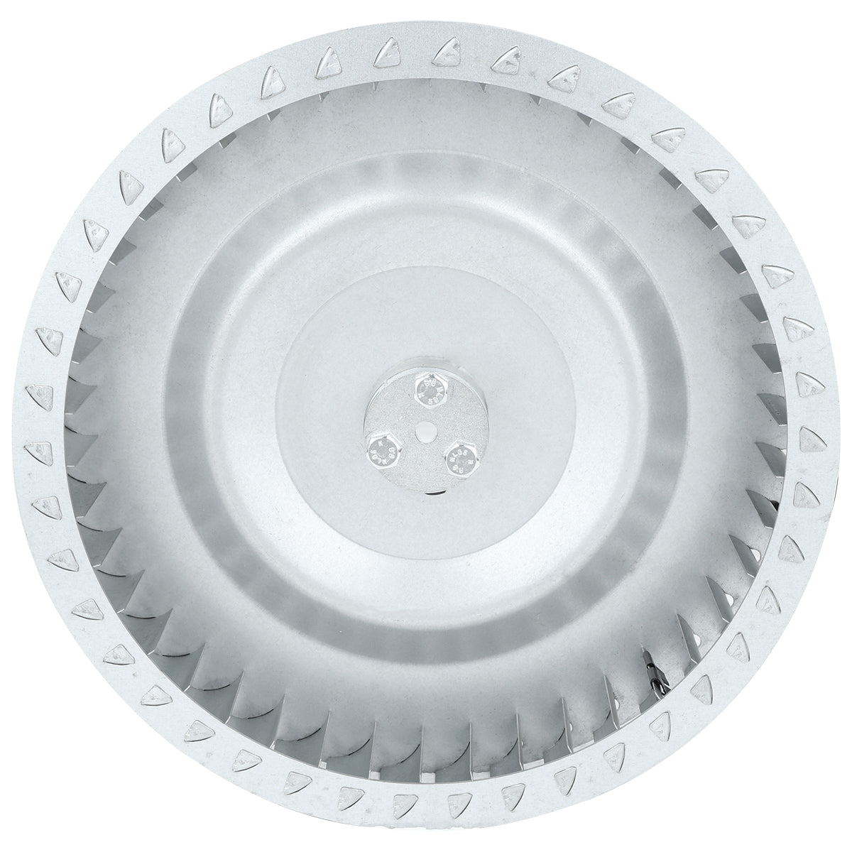 A metallic, circular ECO-613 blower wheel from Empura Parts with angled blades around the outer edge, viewed from above. The shiny silver surface features three center bolts, and the evenly spaced blades create a symmetrical pattern.