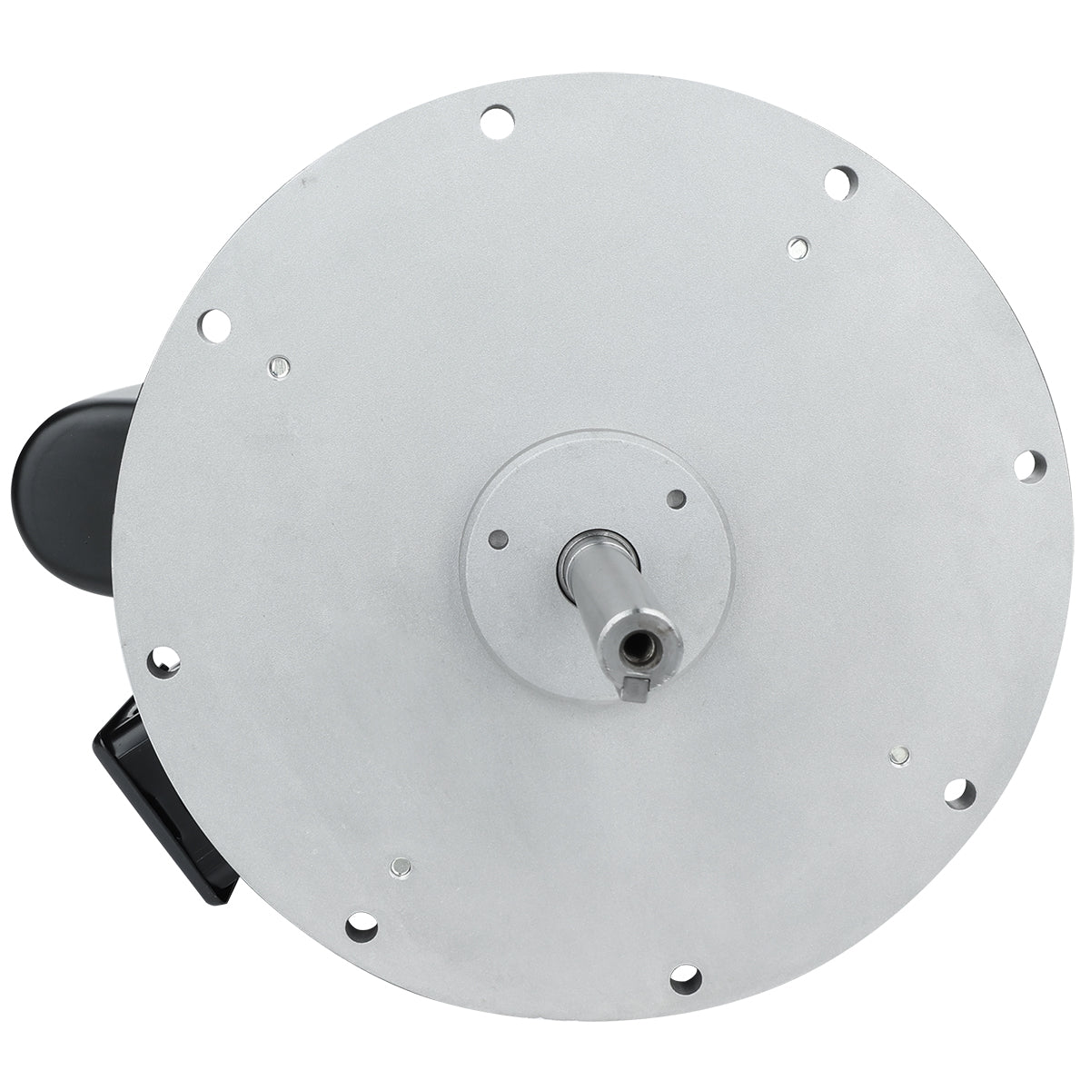 A close-up view of a circular metallic plate with a central rotating shaft protruding outward. The plate, part of an Empura Equipment motor assembly, features multiple evenly spaced holes near its edge and a black component partially visible on the left.