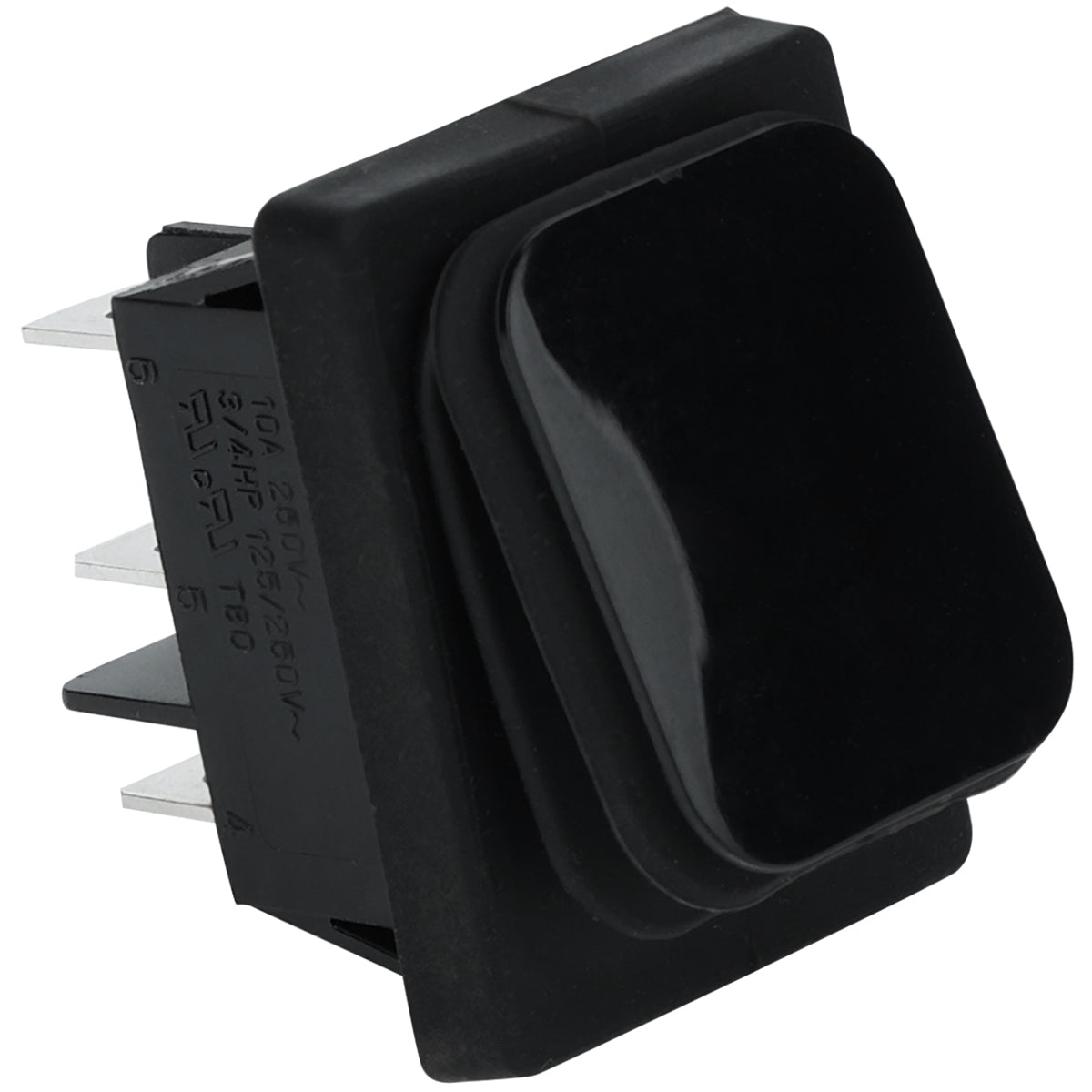A close-up of a black rectangular rock switch with a slightly raised, rounded top and multiple metal prongs for electrical connections on the side. The switch is made of plastic and is designed for panel mounting in Empura Equipment.